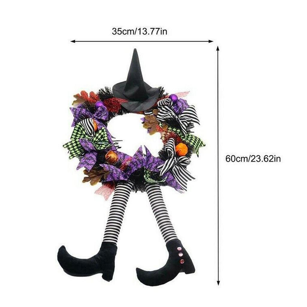 Witch Halloween Wreath with Hat Legs Pumpkin Door Wreath, Artificial Maple, Pumpkin Wreath for Halloween Decorations