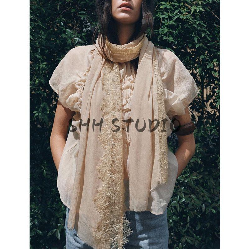 Spring and Summer New Women's Clothing Translucent Fabric round Neck Super Short Sleeve Convex Flower Embroider Tops 4786002