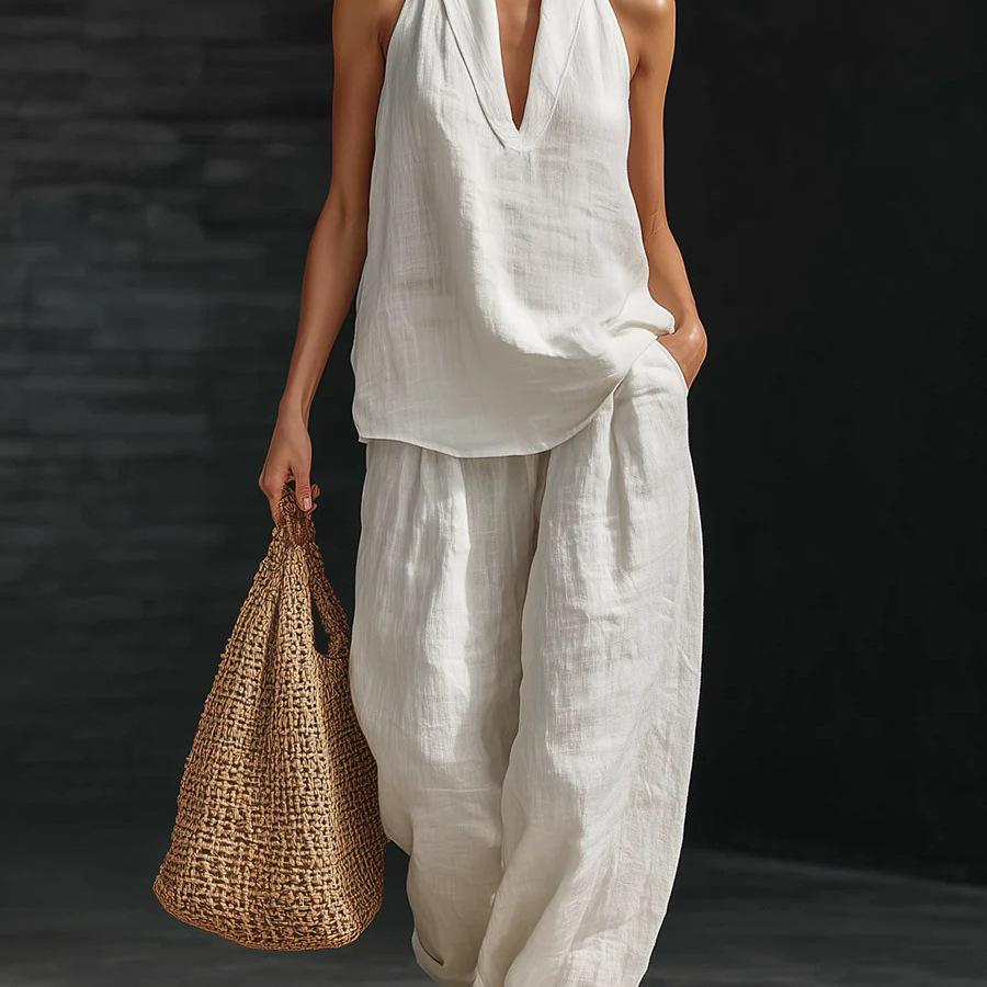 Solid-Color V-Neck Sleeveless Casual Set for Women S белый