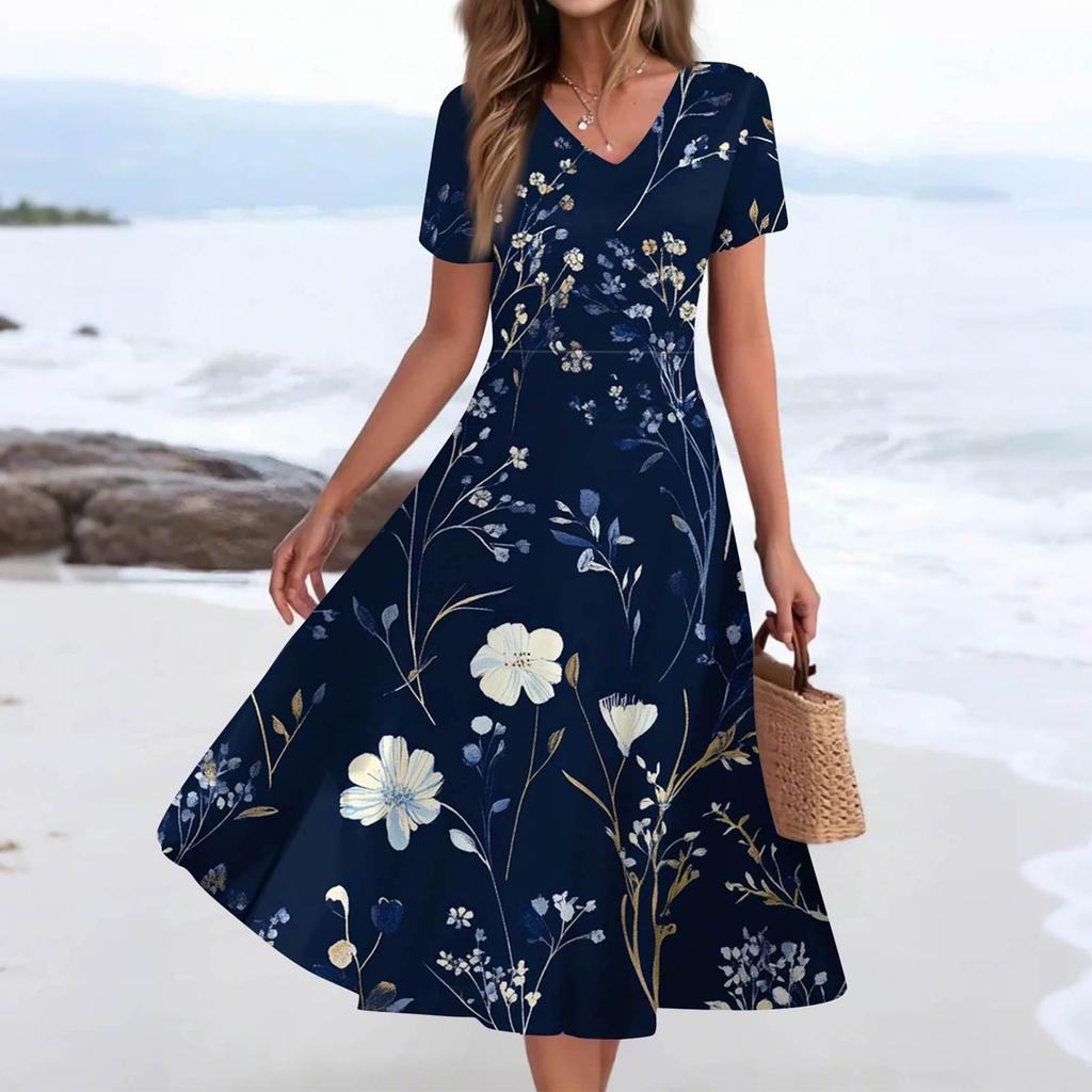 Women's Summer Casual Fashion Print Pocket Short Sleeve V-Neck Swing Dress