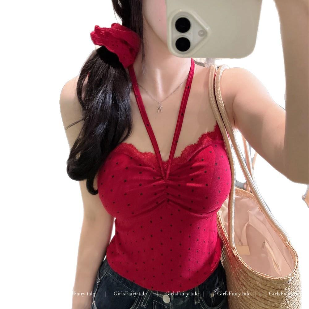 #Summer new sweet wind polka dot lace splicing sling vest, slim fixed with chest pad top