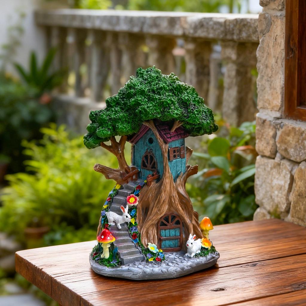 Outdoor Baumhaus für Garten Statue mit Solar Lade LED Lichtern für Terrasse Rasen Fee Für Gartendekoration