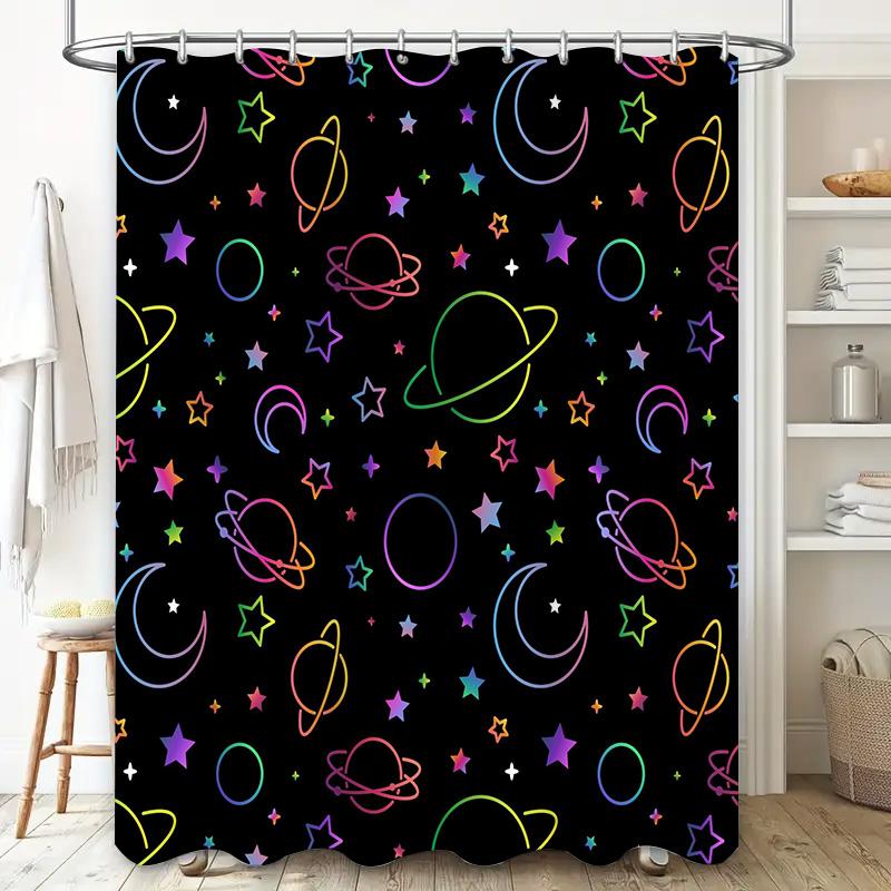 Space-themed Shower CurtainCosmic Pattern with Stars, Planets, and Moons Vibrant Colors for Bathroom Decor