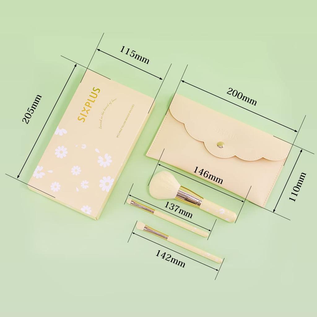 SIXPLUS Makeup Brush Set Daisy Series Powder Eyeshadow and Detail Brush with Storage Soft Pale Yellow 3-Piece - Brush, Brush, Envelope-Style Pouch,