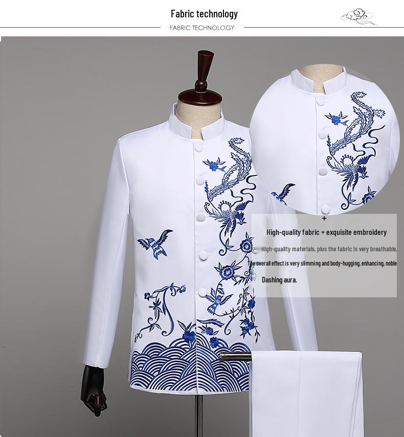 Men's Blue & White Porcelain Zhongshan Suit with Stand-up Collar & Embroidery for Performances
