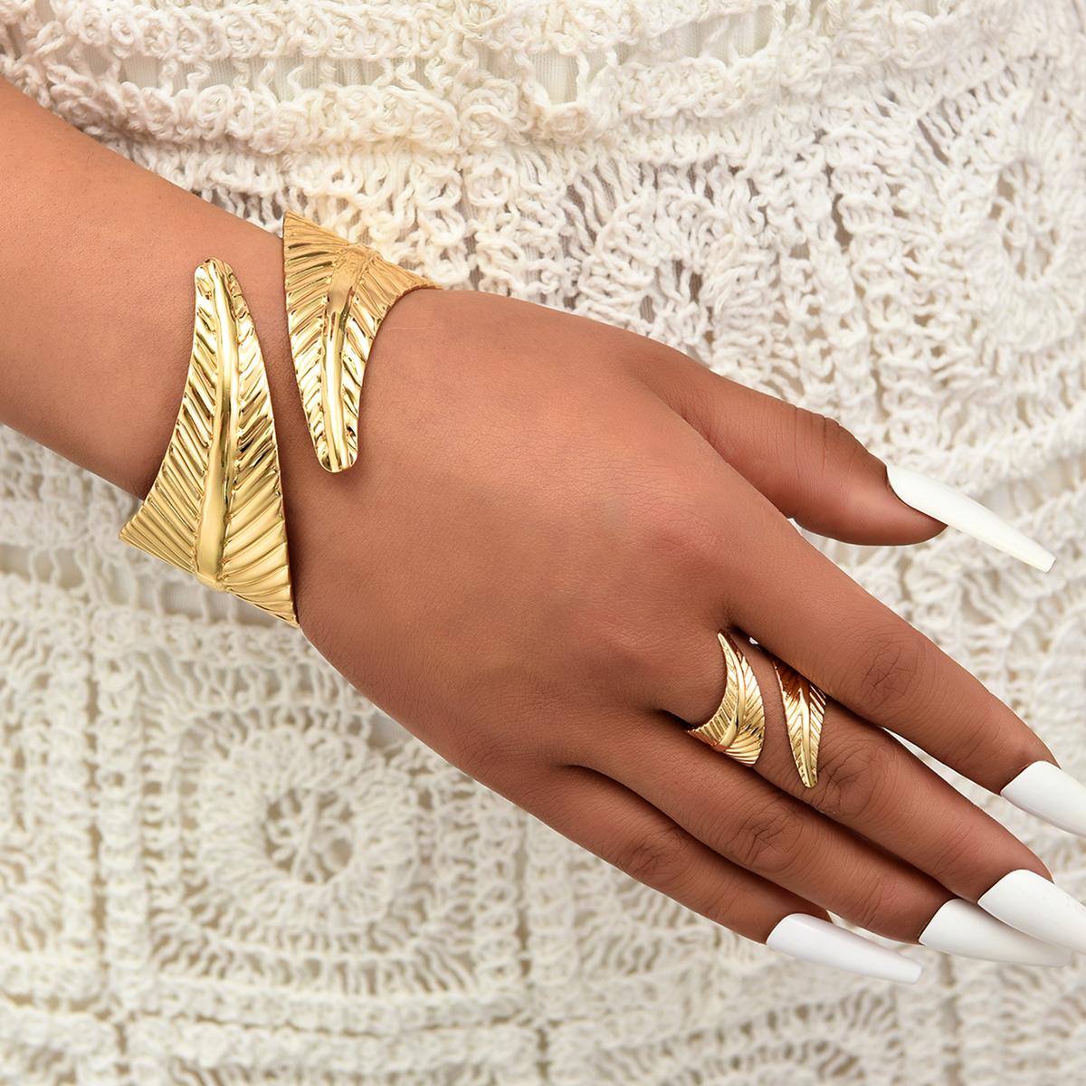 

2Pcs/set Geometric Irregular Leaf Cross Bracelets Rings For Women Fashion Gold Color Openning Jewerly Sets Female Party Gift New