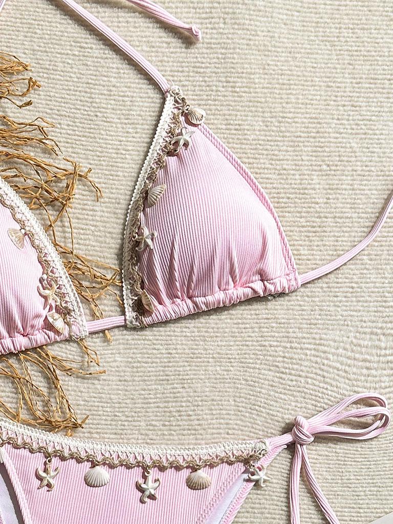 2024 Sexy Trekantkopp Bikini: Skjell Snøring Halter Badedrakt for Kvinner