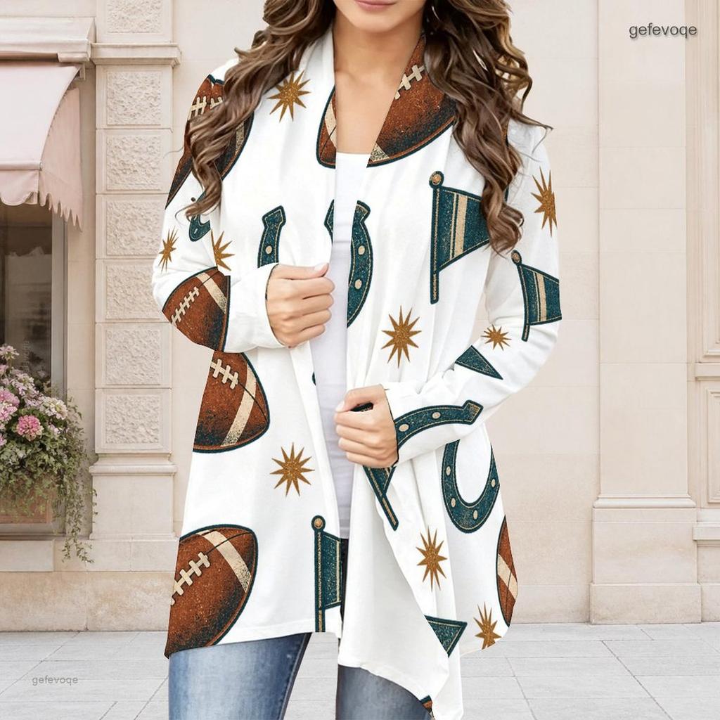 Women Plus Size Open Front Long Sleeve Cardigan Football Print White Draped Collar Curved Hem Outerwear