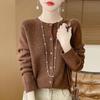 Women's 100% Pure Wool Round Neck Cardigan Sweater - Autumn/Winter Korean Style Knit Outerwear