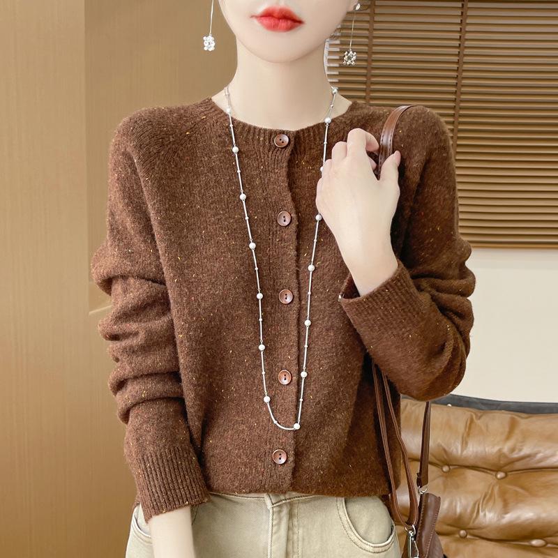 Women's 100% Pure Wool Round Neck Cardigan Sweater - Autumn/Winter Korean Style Knit Outerwear