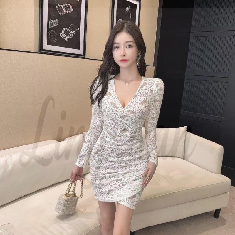 Elegant V-Neck Slim Fit Lace Bodycon Dress - Long Sleeve Small белый