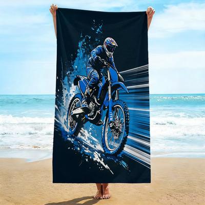 Übergroßes Motocross Strandtuch, Weiches Mikrofaser Schnelltrocknendes Blaues Dirtbike-Print Badetuch, Große Pool- & Reise-Stranddecke