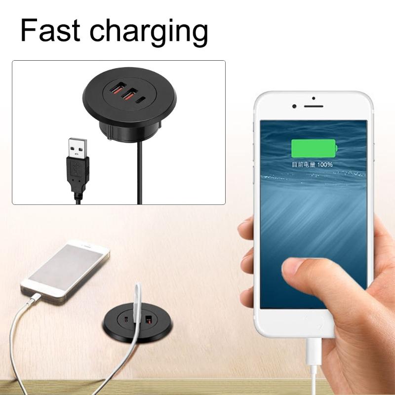 USB Desk Grommet Hole Charging Hub with Two USB & Type C Port Round Embedded USB Adapter for Office Use