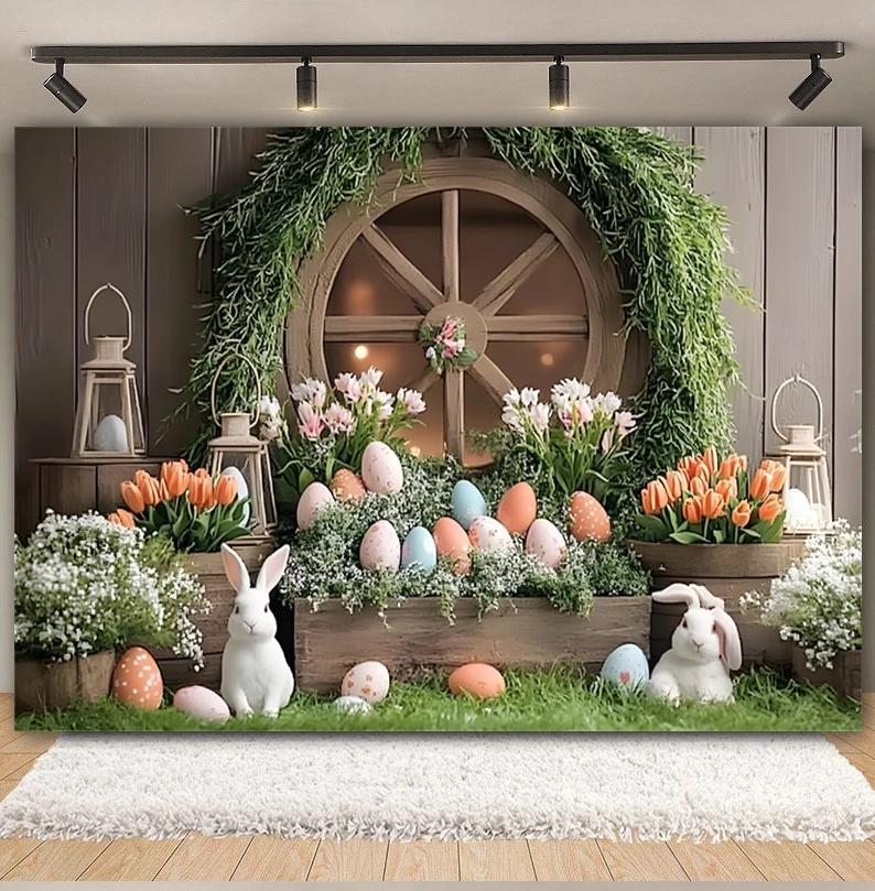 Easter white brick wall flower rabbit Easter egg shooting Backdrop spring flower wall children's birthday party banner Backdrop