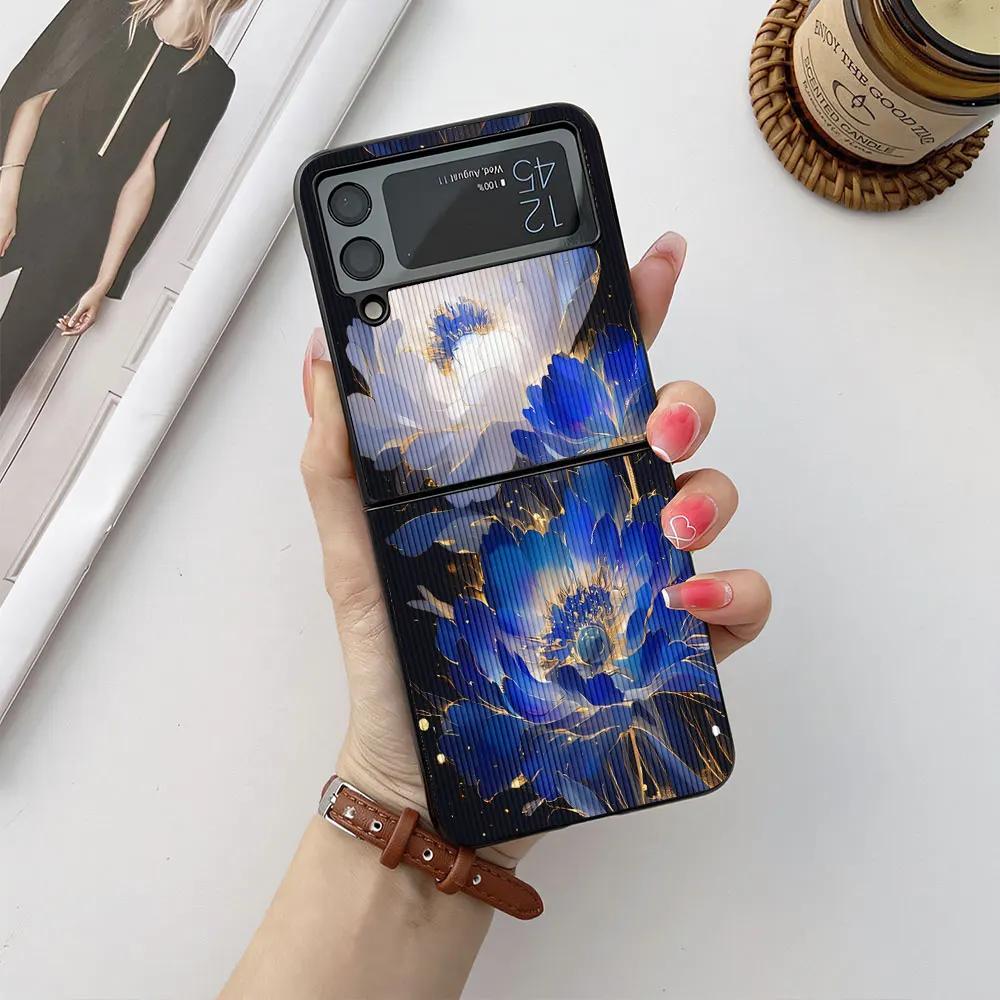 Case For Samsung Galaxy Z Flip 6 5 4 3 Phone Case Flower Butterfly Leather-Grain Shockproof Cover For Galaxy Z Flip6 Flip4 Flip5