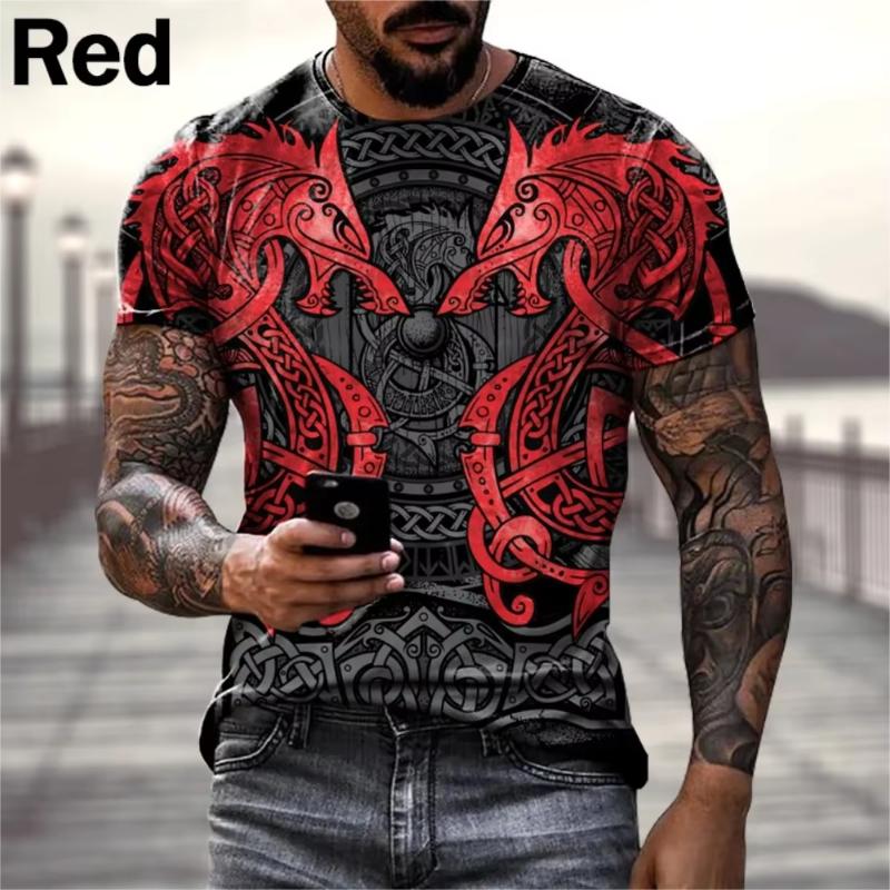 Europe And America Hot Sale Viking Tattoo Art T shirt Men's 3D Print T-shirts Summer Casual Sports Short Sleeve Retro Tops