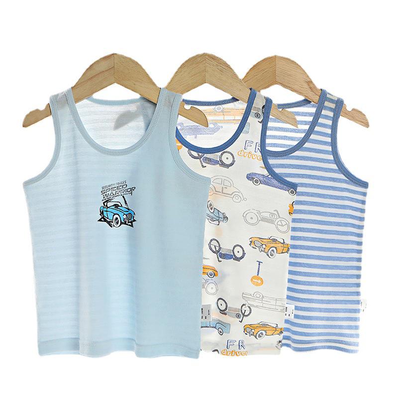 Dreiteiliges Kinder-Cartoon-Weste-Set - Gestreift, Reine Baumwolle, Atmungsaktiv, Schweißabsorbierendes Baby-Mädchen-Basisshirt