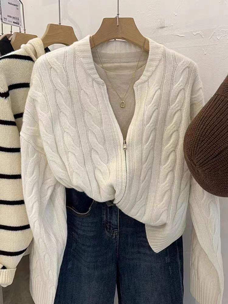 

Женский кардиган на молнии премиум-класса, крупной вязки, с воротником бейсболки - издание Осень/Зима 2024 Medium белый