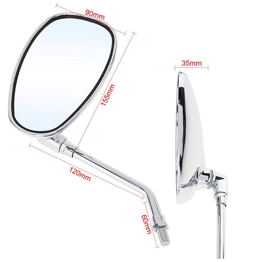 Motorcycle Left and Right 10mm Standard Chrome Plated Universal Fit for Kawasaki and Honda Motorcycles Mirrors, Set, Thread, Silver, Adjustable,