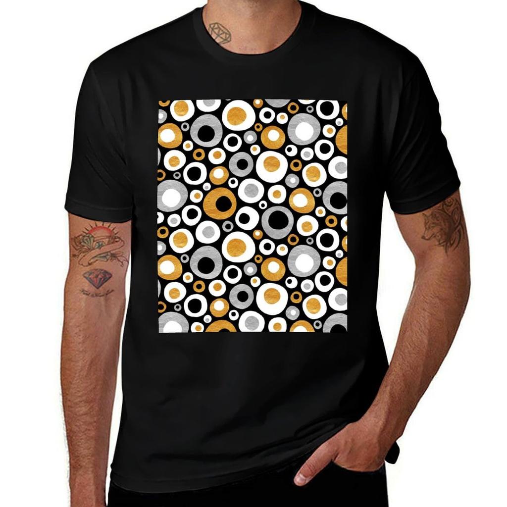 Funky Mid Century Modern Circles Gold Silver Black White TShirt Plus Size Basic Short Sleeve Top