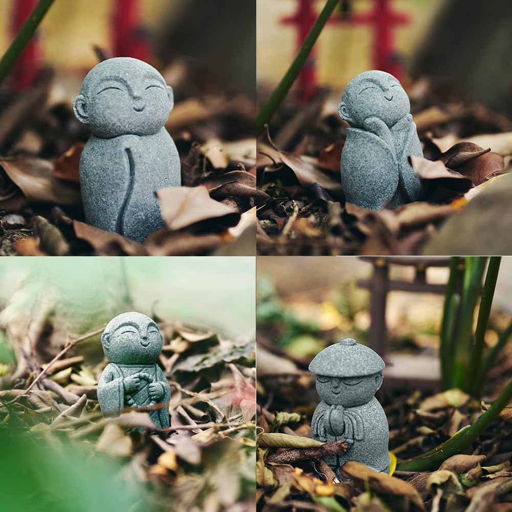 YUYAKESHI Jizo Guardian Blue God and Buddha Statue Set Set Figurine, Healing, Prayer, Jizo, Monk, Palm-Sized, Deity, Sandstone, Wish, Mini,