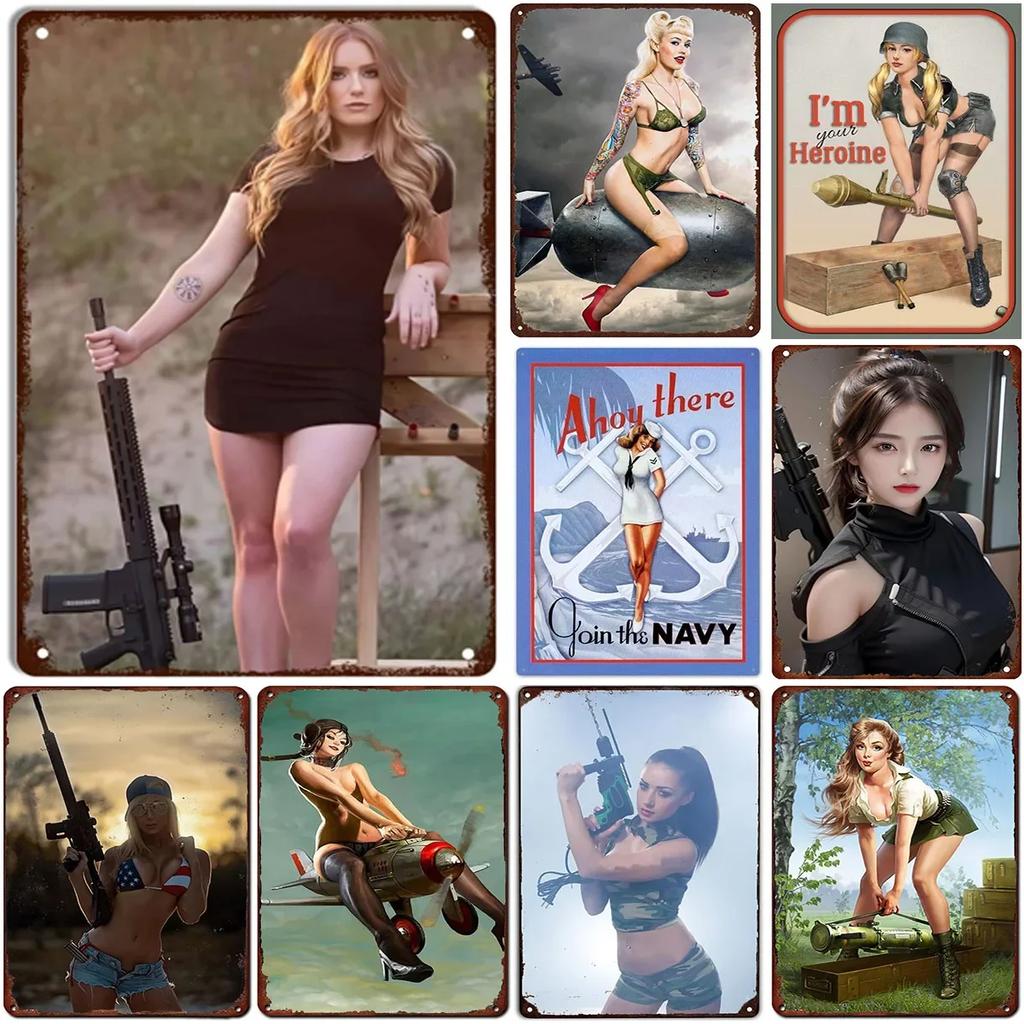 Pinup Girl Metal Tin Signs Plaque Wall Decoration Vintage Military Posters Iron Painting for Man Cave Home Cafe Garden Club B