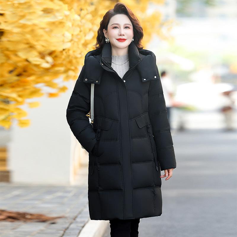 White duck down jacket women's medium and long winter new middle-aged mother clothing thickened loose hooded jacket