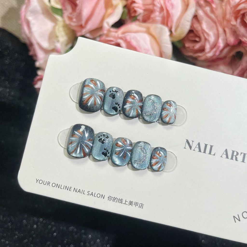 New Year Firework Cat Eye Handmade Press-On Nails - Luxury Hand-Painted Kitten Nail Art Patches
