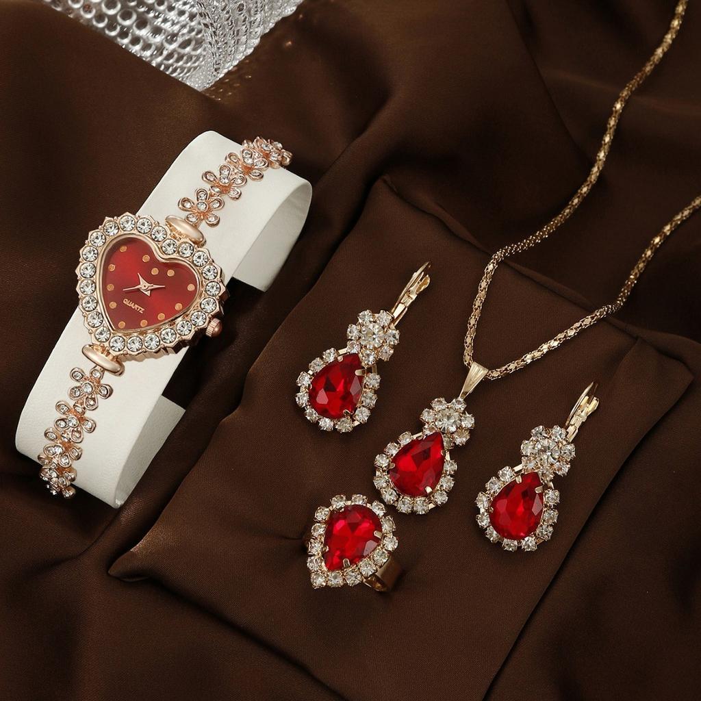 5 st/set Vardagsmode Kvarts Klocka & Hjärta Strass Smyckesset Gåvor för Kvinnor Lyxmärkesdesign Kvinnor Montre Femme Reloj