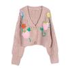 Women's Sweet Pink Hand-Crocheted Flower Cardigan - V-Neck, Single-Breasted, Long Sleeve