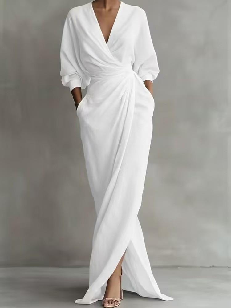 Spring Summer V Neck Waist Tshirt Dress With Slit For Vacation Travel