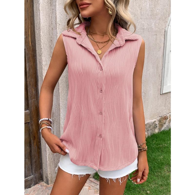 Gilet da donna senza maniche con bottoni, camicia con colletto testurizzato, top estivo casual ampio