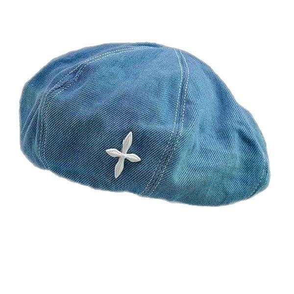 Washed denim hat women's autumn versatile beret retro octagonal hat big head circumference showing face small painter hat