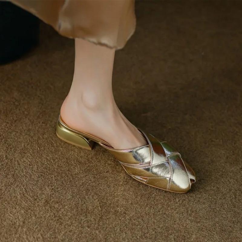 Summer Wear Inside and Outside Full Leather Square Head Cool Slippers French Bag Head Half Slippers Shoes