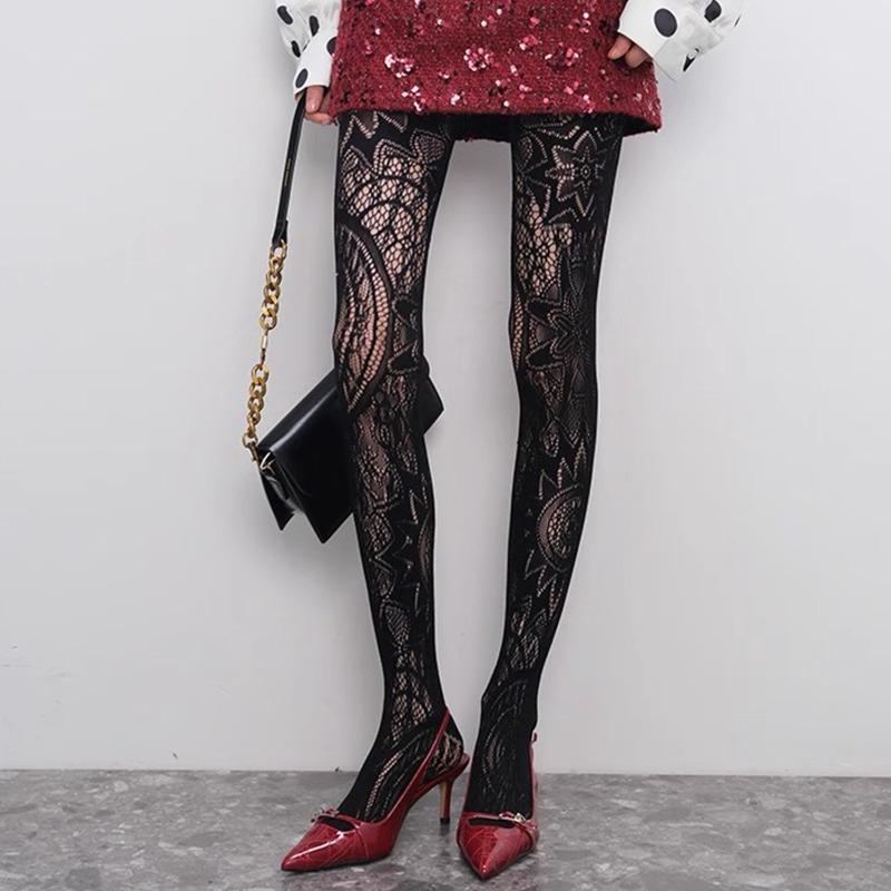 Women Sexy Plus Size Jacquard Mesh Fishnet Stockings New Western-Style Retro Sun Flower Totem Pattern Pantyhose Evil Goth Tights
