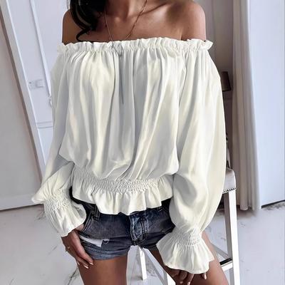 Blusas & Camisas Femininas de Chiffon Doces de Verão com Gola Única e Barra Franzida de Renda, Mangas Longas