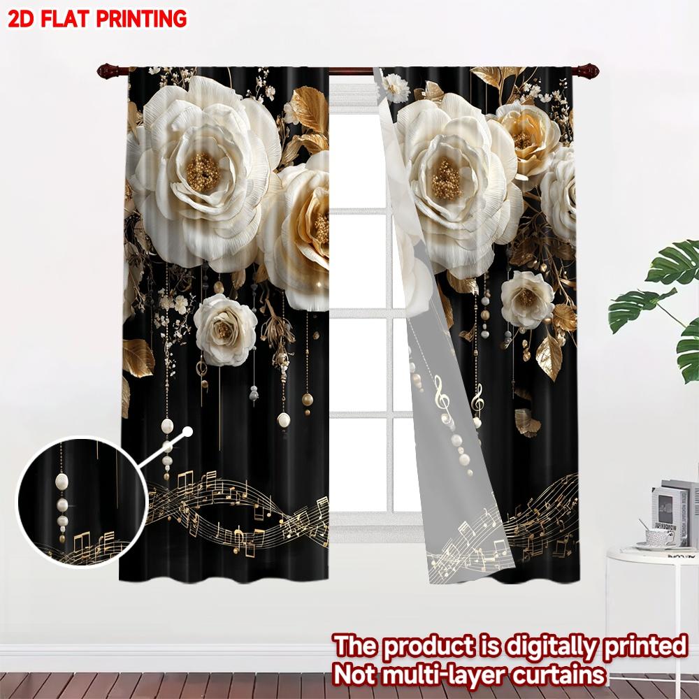2D Flat Printing 2pcs Happy Valentine's Day Curtain White Rose with Notes Digital Printed Polyester Drapes Festive Holiday