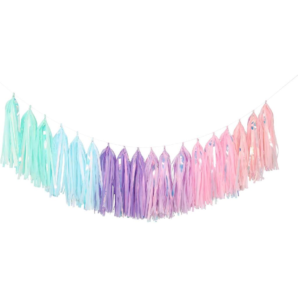 Fonder Mols Tissue Paper Tassel Garland DIY Kit (40pcs, Blush, Mint, Aqua, Lilac and Orchid All Mixed with Iridescent Mylar) for Rainbow Color,