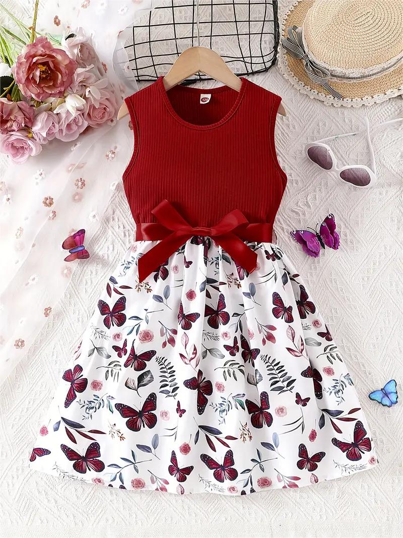 Meisjes Zoete jurk met vlinderprint, mouwloos, met strikceintuur, voor vakantie/informele uitstapjes, zomercadeau 100 brown