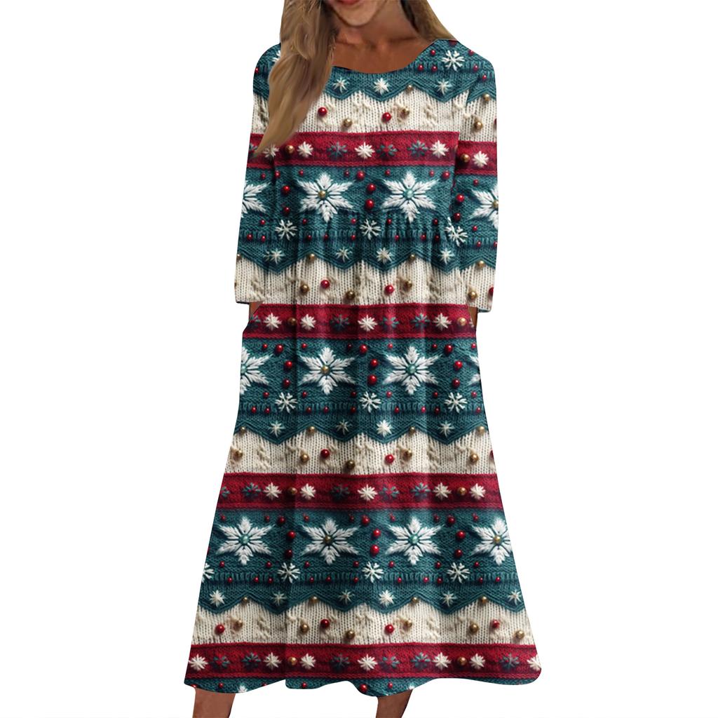 Women's Casual Round Neck Christmas Print Midi Dress Long Sleeve Pocket Dress