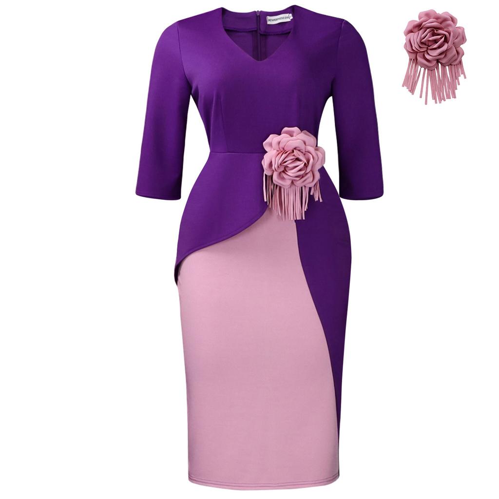 C8652 Amazon cross-border 2026 new solid color flower temperament pleated five-quarter sleeve large size African dress