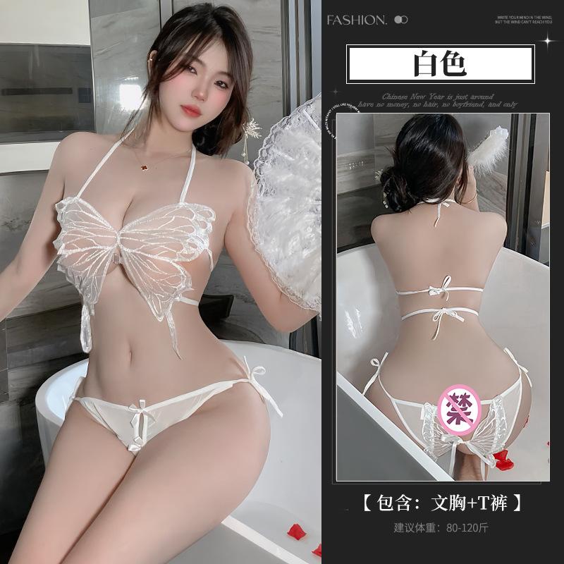 Sex underwear female sexy perspective pure desire cute butterfly lace-up mesh three-point uniform free-of-charge set