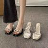 2025 new fashion rhinestone fairy wind crystal cool slippers wear transparent high heels women's thick heel sandals summer