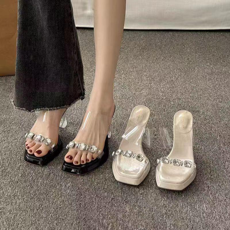 2025 new fashion rhinestone fairy wind crystal cool slippers wear transparent high heels women's thick heel sandals summer