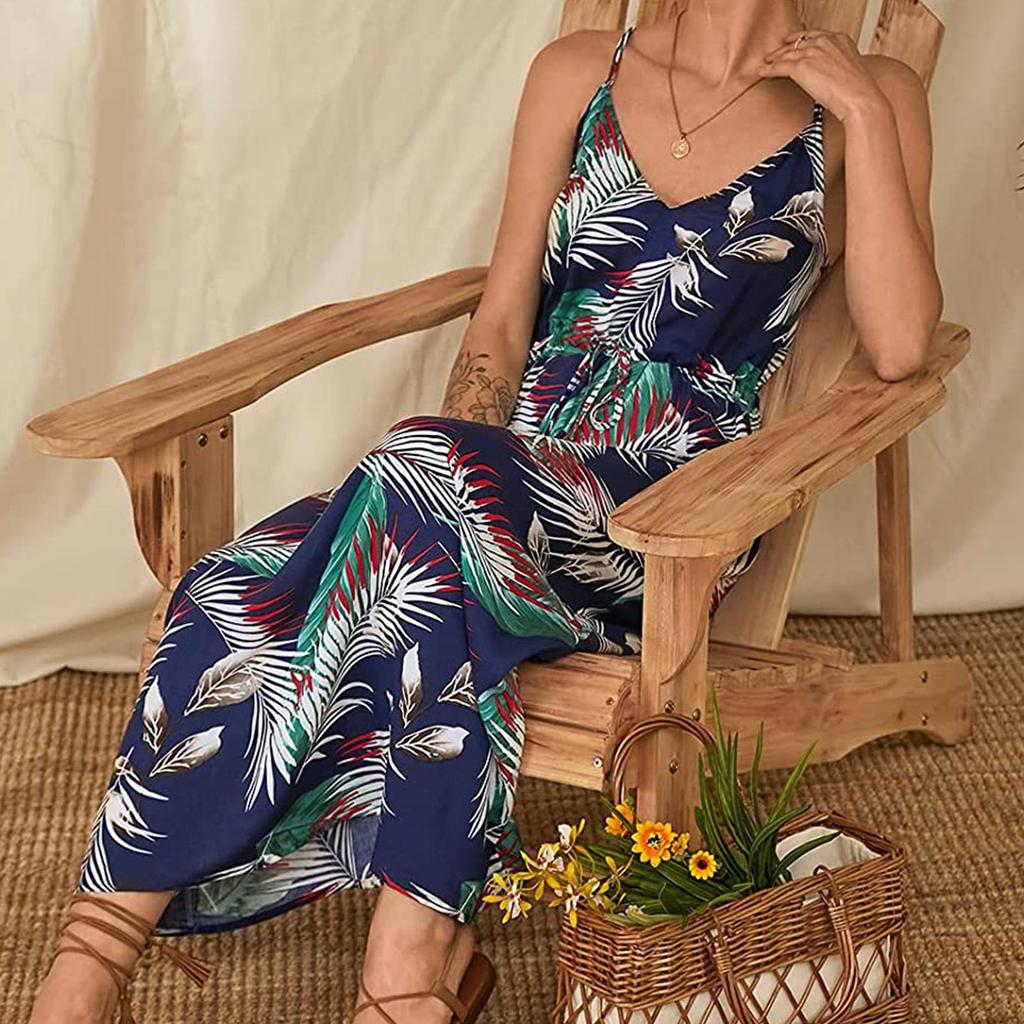 Ladies Fashion Elegant Dress With Printed Suspenders And Floor-Length Skirt