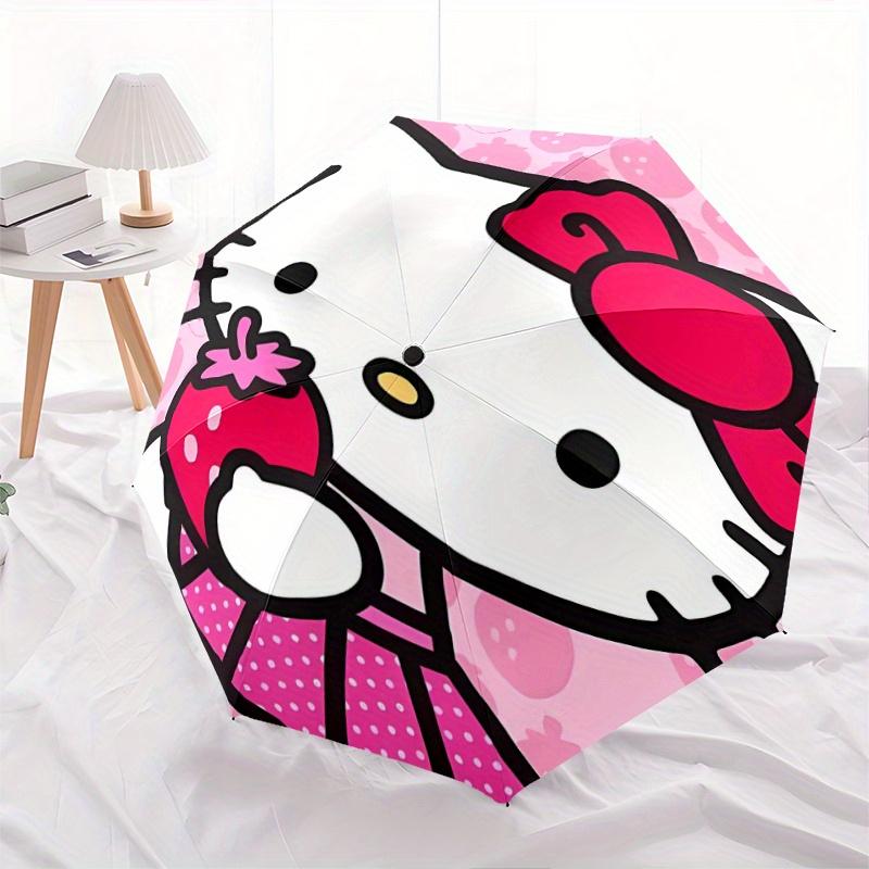 Strawberries and Hello Kitty Automatic Opening and Closing Umbrella, Lightweight 3-Fold, With Cute Cartoon Characters, Suitable for Home, Outdoor and