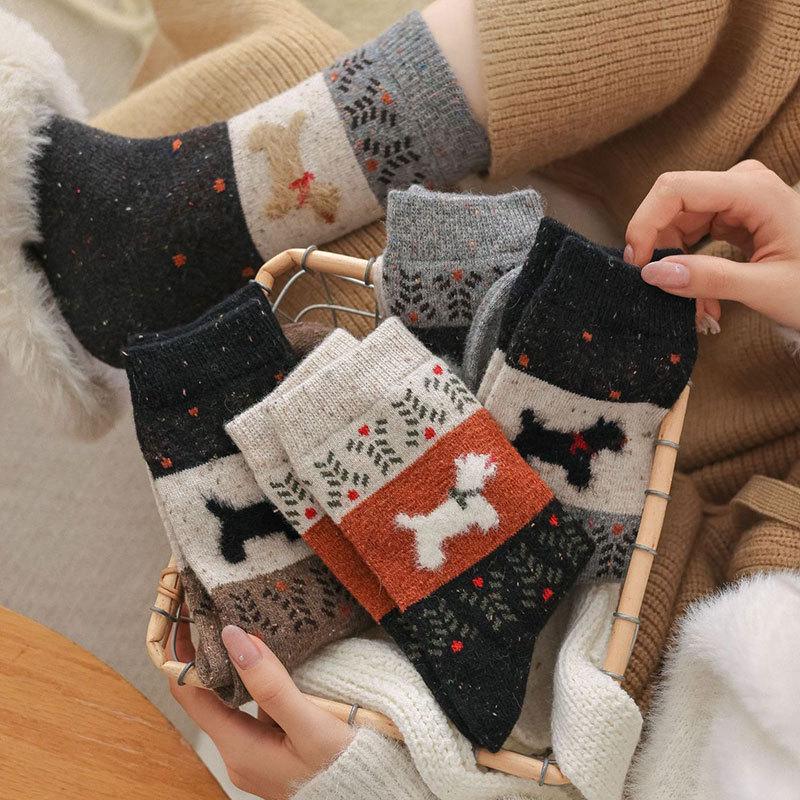 Retro Fair Isle Women's Mid-Calf Puppy Socks - Warm, Thickened, Cute for Autumn/Winter