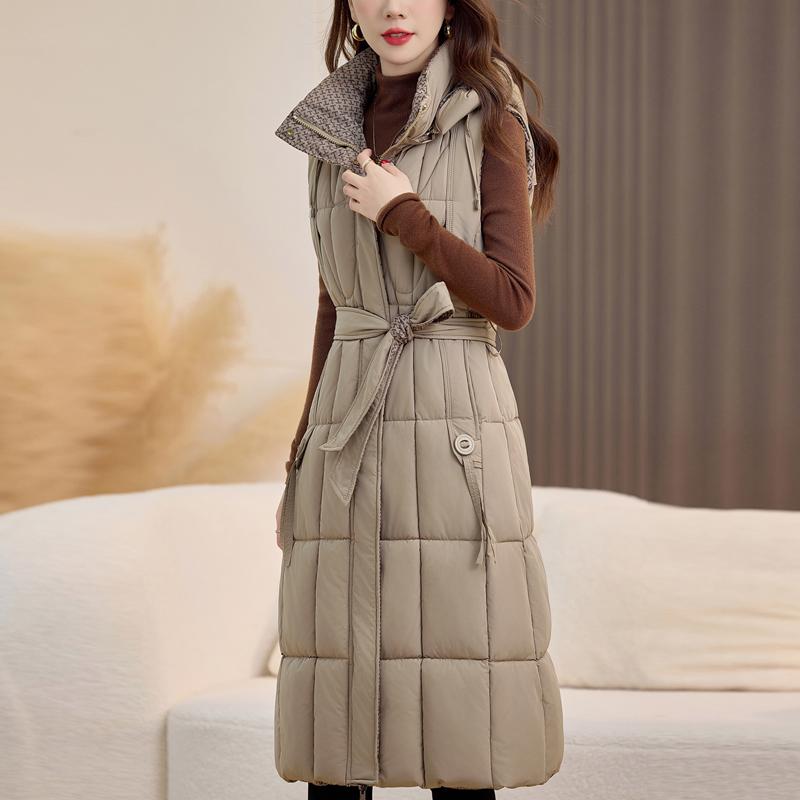 Fashion Winter Women's Long Warm Vest Hooded Can Be Worn On Both Sides Thick Sleeveless Jackets Woman Coat With Belt
