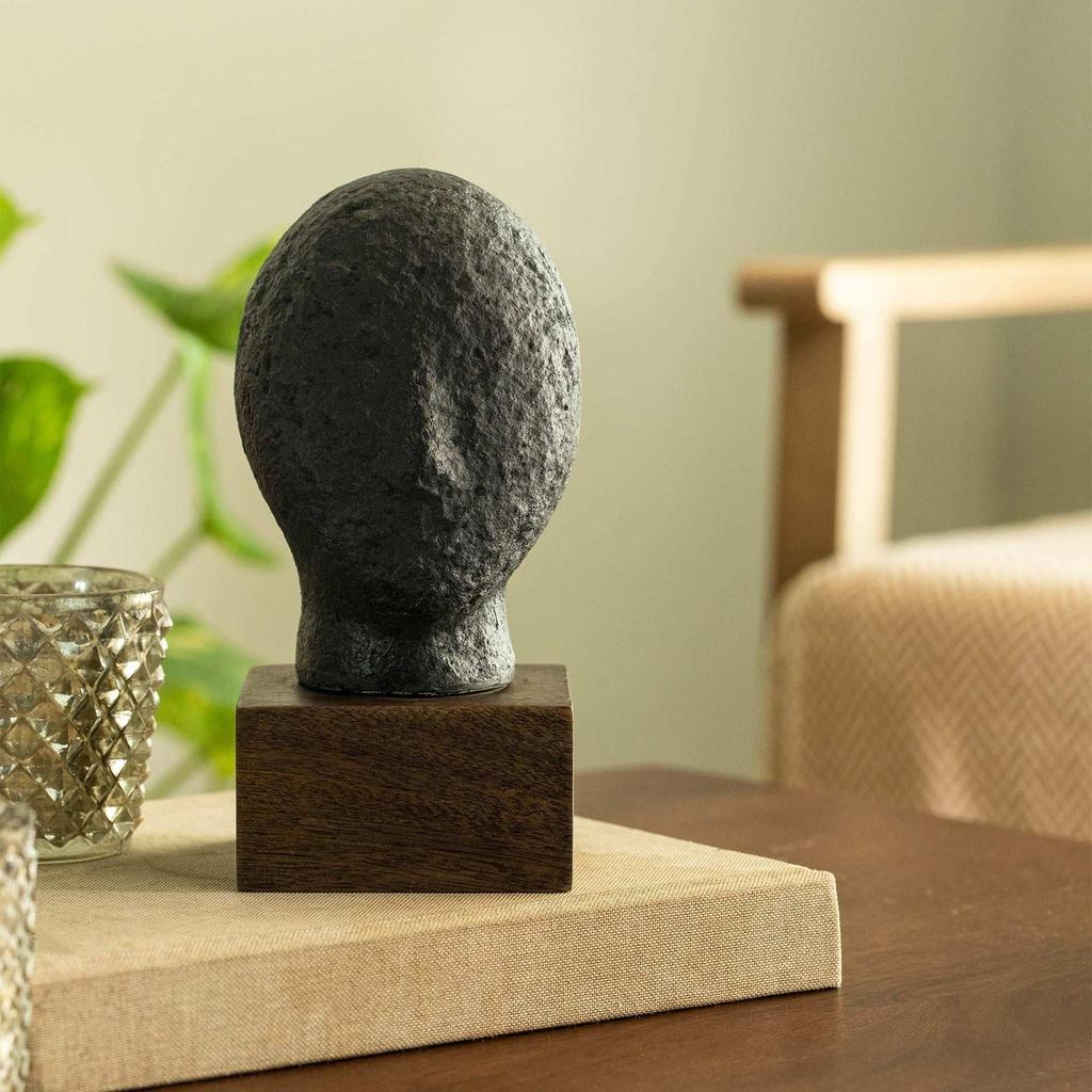 Handcrafted Calm Face Ecomix Sculpture - Matte Black Eco-Friendly Modern Home Decor Art - Serene Tabletop Ornament