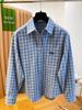 Women's Blue-Gray Plaid Embroidered Lapel Shirt - Korean Style, Relaxed Fit, Soft Brushed, Long Sleeve Layering